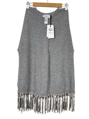 PINOTTI NWT Wool/Cashmere Fringed Poncho With Leather Trim, Grey, One Size